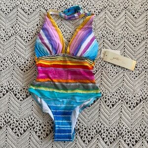 Gottex One Piece Swimsuit Colorful Stripes Halter Tie Back Women's Size 6 NWT
